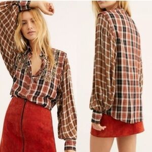 Free People Copper Snow Top Mountain Plaid Sequin